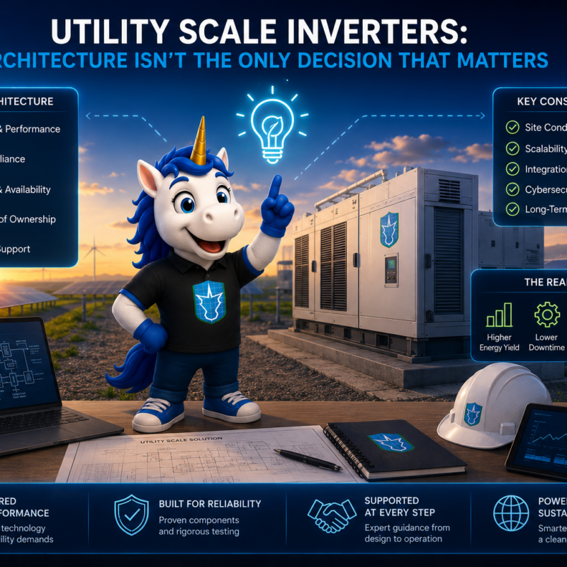 3D illustration highlighting utility-scale solar inverters, system performance,