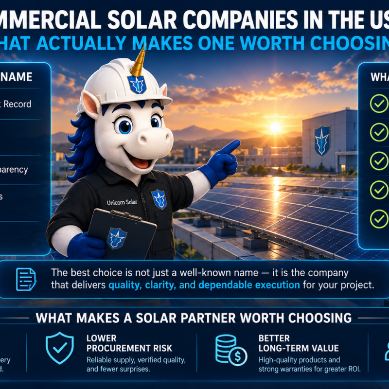 Unicorn Solar guide to choosing top commercial solar companies in the US based on equipment quality, sourcing, warranties, performance, and project support.