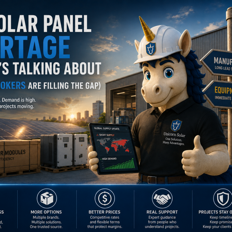 Solar panels being sourced through an equipment broker during a supply shortage