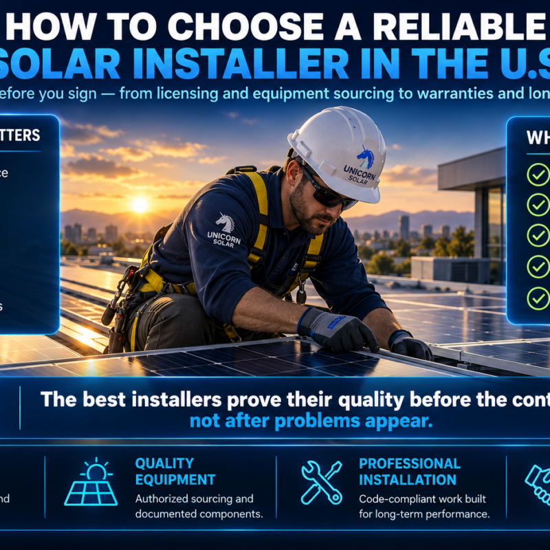 Unicorn Solar guide showing how to choose a reliable solar installer in the U.S. based on licensing, certification, equipment quality, warranties, and long-term support.